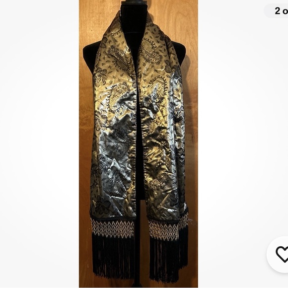 Morgan Taylor Gold And Black Velvet Fringe Scarf Made In Italy - Picture 1 of 8